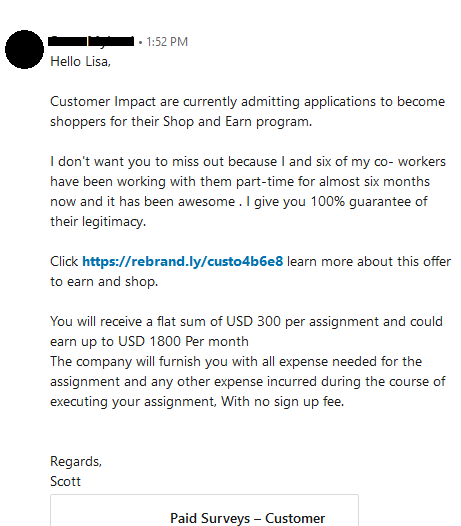 LinkedIn Scam Message Example