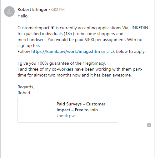 LinkedIn Scam Message Example #3